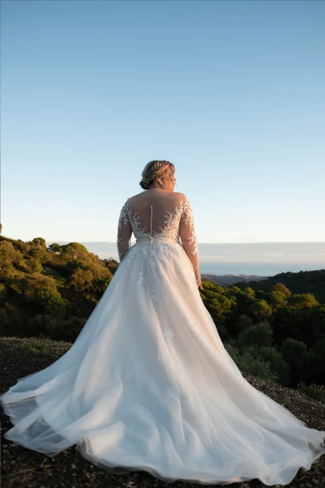 Eine Braut in einem eleganten, langen Brautkleid mit transparenten Ärmeln steht im Freien und schaut in die Ferne, umgeben von grüner Landschaft.