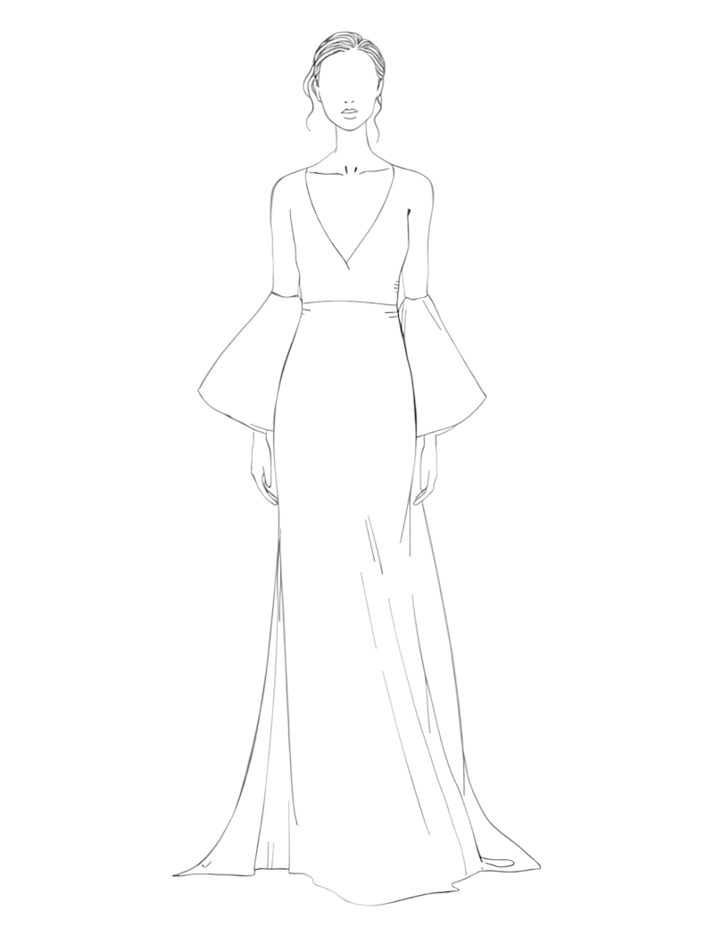 Silhouetten-Zeichnung eines Boho-Brautkleids mit fließendem Rock.
